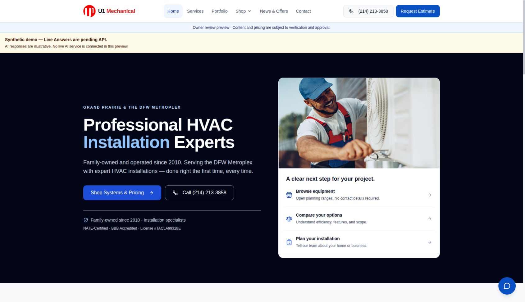 U1 Mechanical public website with owner-review and synthetic-AI notices, an HVAC installation hero, and browse, compare, and project-planning paths